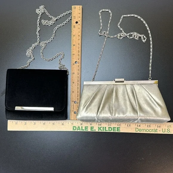Gunne Sax Evening Purses Bundle Black Velvet and Pleated Silver Lamay Clutch Bag